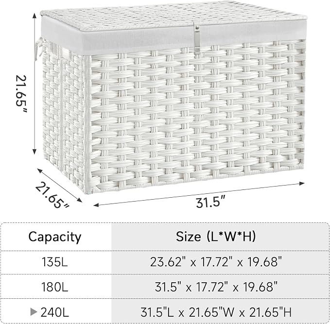240L Wicker Storage Basket with Lid, Handwoven Rattan Large Shelf Basket with Removable Liner, 63.5 Gallon Wicker Basket for Blanket, Storage Trunk with Handle for Closet, Bedroom, Livingroom, White - Image 4
