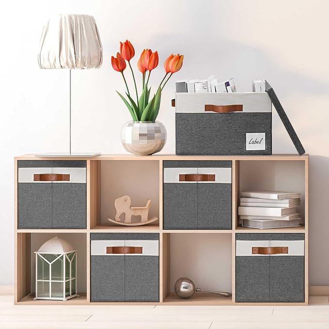 GhvyenntteS Storage Bins with Lids 3 Pack, Large Storage Baskets with Lids and Label, Foldable Fabric Storage Boxes with 3 PU Handles for Organizing Shelves Home Nursery Office (Grey, 15x11x9.6) - Image 4