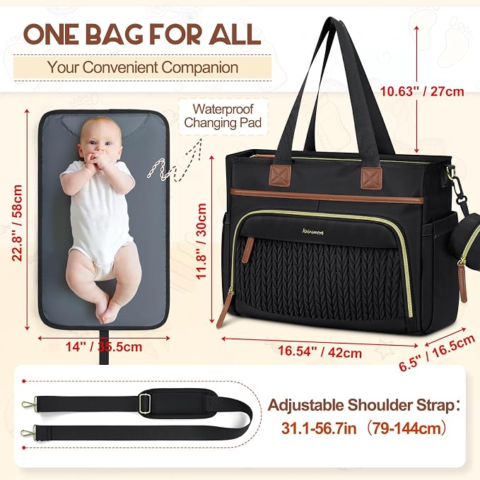 RAINSMORE Diaper Bag Tote, Large Diaper Baby Bag Waterproof Multifunctional Diaper Bag with Pacifier Case & Changing Pad - Image 3