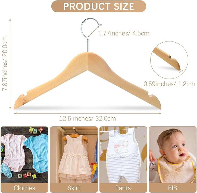 Pinkunn 50 Pcs Wooden Hangers for Baby Kids Wood Hangers Solid Baby Children's Coat with Pants Bar Shoulder Notches Anti Rust Swivel Hooks 12.6 Inch - Image 2