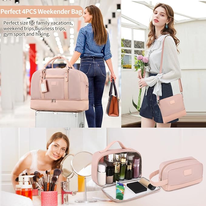 4PCS Weekender Bags for Women Large Overnight Weekend Travel Duffel Bags | Travel Bag Carry-on Tote Hospital Bag with Shoe Compartment Crossbody Toiletry Bag for Travel Business Gym Water Resistant - Image 2