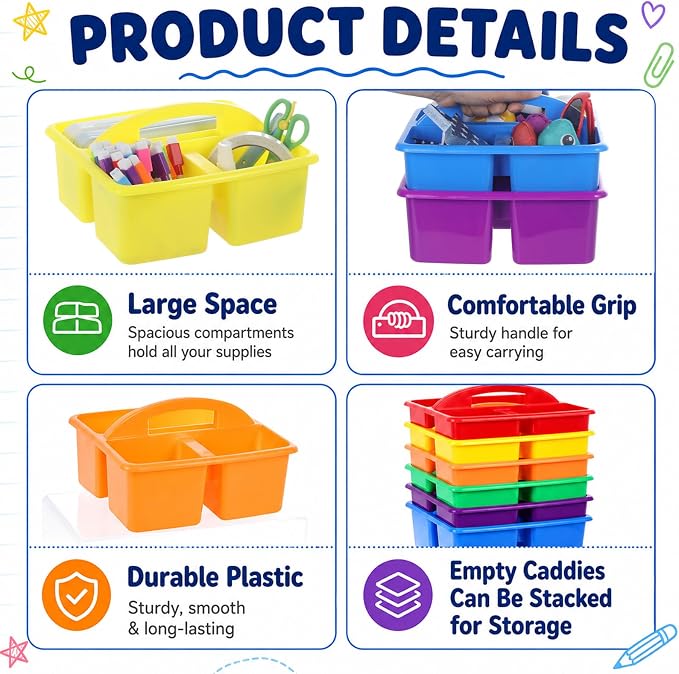 6 Pack Large Colorful Classroom Caddy Organizer with Composition Notebook Label Stickers 3 Compartments Teacher Supply Storage Caddy Table Caddies Holder for Classroom Desk Craft Art School Supplies - Image 3