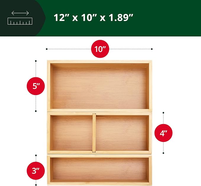 ROYAL CRAFT WOOD Luxury Bamboo Drawer Organizer Storage Box, Bin Set - Multi-Use Drawer Organizer for Kitchen, Bathroom, Office Desk, Makeup, Jewelry (3 Boxes) - Image 2