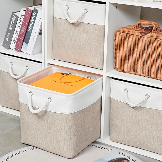 13 Inch 6 Pack Foldable Fabric Storage Cubes with Handles | Home Cube Storage Basket,Large Cube Storage Bins,Closet Storage, Home Organizer(White&Beige) - Image 4