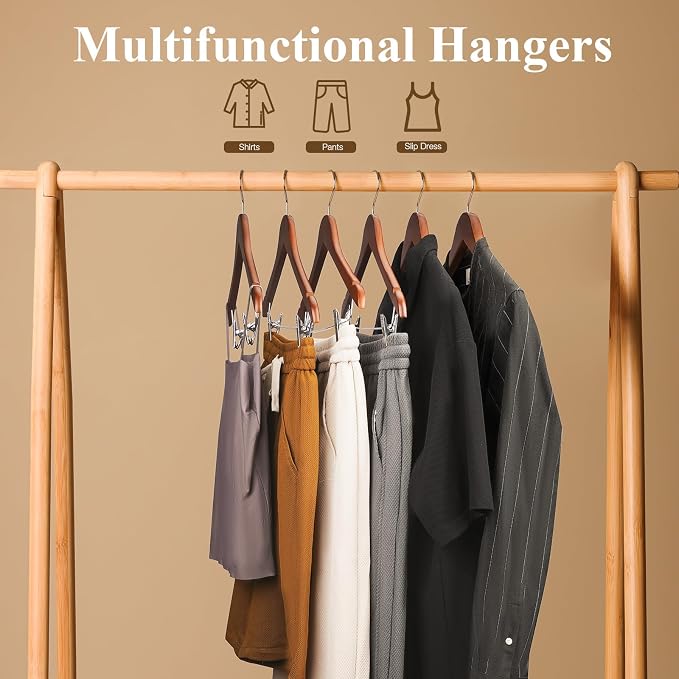 Wooden Hangers with Clips 12 Pack Wooden Pants Hangers,Skirt Hangers with Adjustable Clips,Hangers for Pants,Jeans,Slacks,Shorts（Walunt） - Image 6