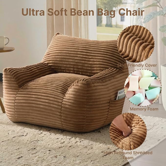 Bean Bag Chair for Adults & Kids, Giant Bean Bag Sofa with Side Pocket, Corduroy Beanbag Chair with Armrests, Comfy Stuffed Floor Sofa for Living Room Bedroom Dorm, Brown - Image 4