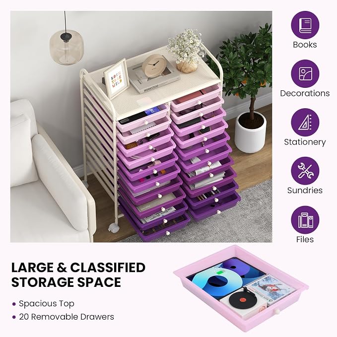RELAX4LIFE 20-Drawer Rolling Storage Cart - Mobile Rolling Cart w/Drawers for School Classroom Teacher Office Home Salon, Paper File Art Supply Craft Organizer, Utility Cart on Wheels - Image 4