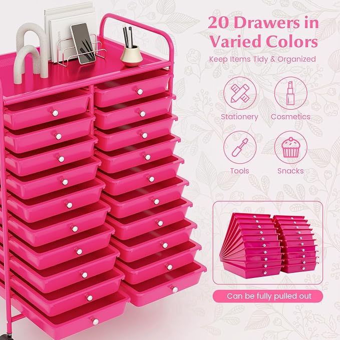 RELAX4LIFE 20-Drawer Rolling Storage Cart - Mobile Rolling Cart w/Drawers for School Classroom Teacher Office Home Salon, Paper File Art Supply Craft Organizer, Utility Cart on Wheels (Hot Pink) - Image 4