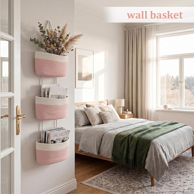 TeoKJ Over the Door Hanging Basket, 3-Tier Woven Cotton Wall-Mounted Storage Organizer Bag Decorative Hanging Nursery Baskets, Pink & White - Image 3