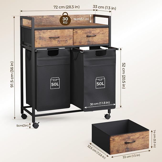 Mondeer 100L Laundry Sorter 3 Section with 3 Bags 4 Wheels 2 Drawers | 50L x 2 Pull-Out Laundry Hamper Baskets Removable for Laundry Room Bathroom - Image 2