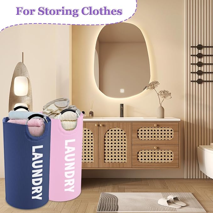 2Pcs Folding Laundry Basket for Adult, 95L Portable Laundry Baskets with Aluminum Handles, Multi-functional Dirty Clothes Hampers for Bedroom, Travel, Navy Blue + Pink - Image 4