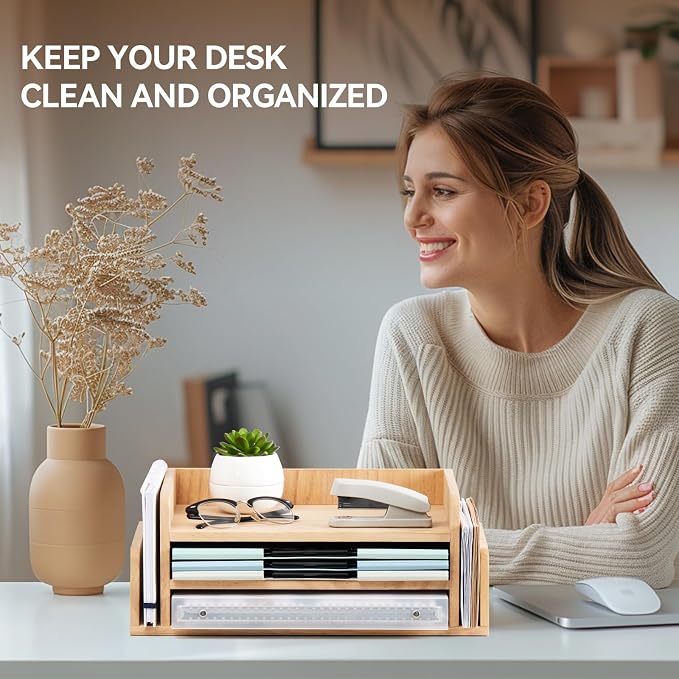 KIRIGEN Wood Desk Organizer, 5-Tray Letter Tray and Mail Sorter Natural 2TP | Solid Wood 3-Tier Desktop Organizer with 5 Storage Areas for Mail, Folders, Letter Paper and Office Supplies, Fully Assembled - Image 5