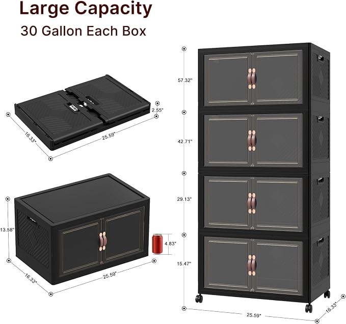 Stackable Storage Bins with Lids, 480QT Lockable Storage Cabinet | Folding Storage Box with Doors and Wheels, Collapsible Plastic Drawers for Home, Garage, Office - Image 4