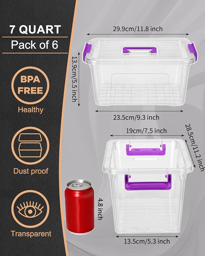 EOENVIVS 6 Pack Clear storage bins with lids, 7 Qt storage containers with lids with Color Buckles, Stackable storage box Set for organizers and storage, Closet, Pantry, Shelves & shoe boxes - Image 2