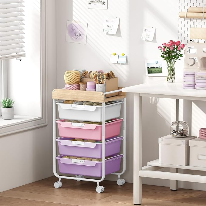 SYKIARIOL Rolling Storage Utility Cart with 4 Drawers,Art Cart,Purple | Kids Craft Cart,Makeup Organizer and Storage with Wooden Tabletop - Image 4