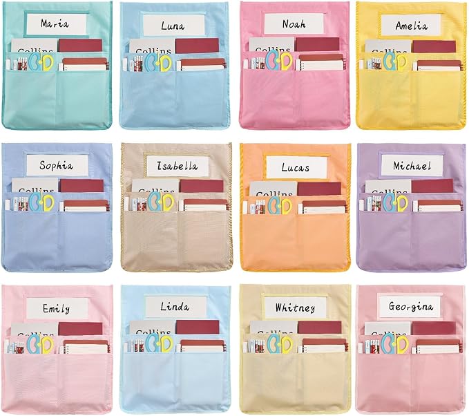 gisgfim 12 Pcs Chair Pockets for Classroom 16.7 x 19.3 Inch s with Name Tag Chairback 3 Pockets Chairs Seat Back Organizer for Elementary School Daycare Home Supply (Pastel) by gisgfim