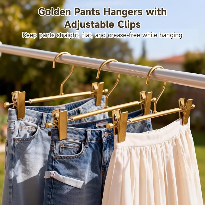 20 PCS Gold Pants Hangers with Clips - Adjustable Metal Skirt and Trouser Hangers with Non-Slip Rubber Padded Clips, Slim Lightweight Sturdy Aluminum Clothes Hangers for Clothes Closet Organization - Image 3