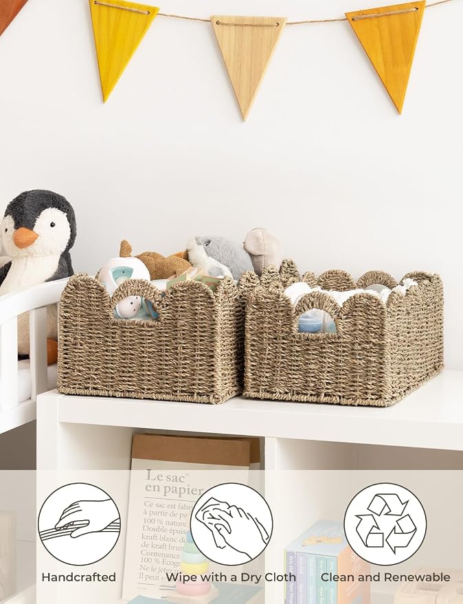 StorageWorks Scalloped Wicker Basket, Woven Baskets for Storage, Seagrass | Woven Baskets for Storage, Wicker Storage Baskets for Shelves, Large Wicker Basket, Shelf Basket with Handles, 2 Pack - Image 5