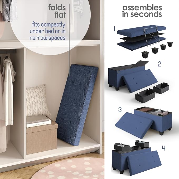 Storage Ottoman Bench with Bins, 30-in Storage Bench for Bedroom End of Bed, Folding Foot Rest Ottoman for Living Room Max 660lbs, Fabric Ottomans, Blue - Image 6