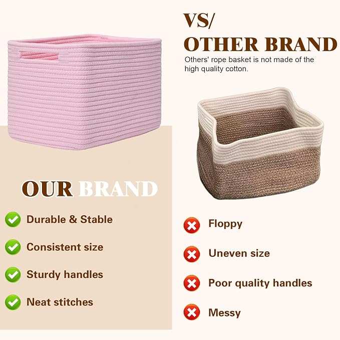 Storage Baskets for Organizing, 4 Pack Baskets for Shelves, Decorative Storage Bins for Shelves, Cotton Rope Storage Basket with Handles, Woven Basket for Storage, 13''Lx8.7''Wx7.9''H, Pink - Image 4