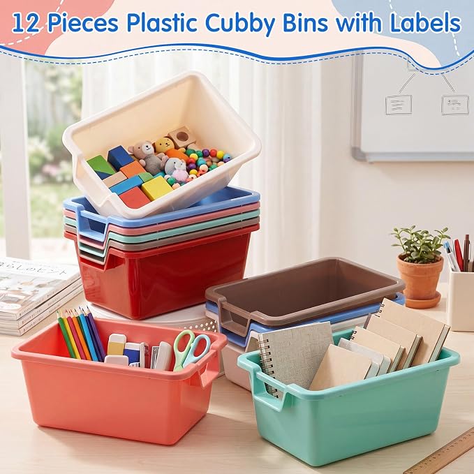 Thyle 12 Pieces Plastic Cubby Bins with Labels Classroom Book Bins Stackable Storage Container Durable Toy Storage Organizer Baskets for School Classroom Office (Handle,Morandi Color2) - Image 4