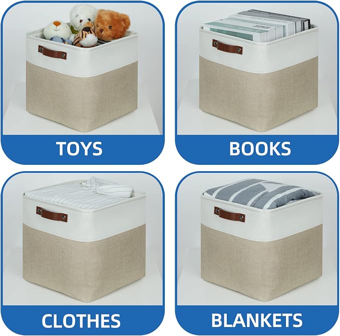 Temary Fabric Storage Baskets 12x12 Cube Bins 4 Pack Cloth Baskets for Shelf, Storage Cubes Bins Gift Empty (White&Khaki) - Image 4