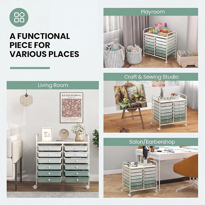 RELAX4LIFE 12-Drawer Rolling Storage Cart - Mobile Utility Cart on Wheels for School Classroom Teacher Office Salon, Paper File Art Supply Craft Organizer, Rolling Cart with Drawers (Gradient Green) - Image 4