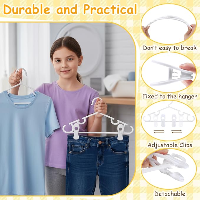 Hsei 10 Pcs 14 in Baby Youth Kids Clothes Hangers with 20 Clips for Pants Non-Slip Toddler Plastic Hangers for Child Aged 7-12 Years, Space Saving Design with Shoulder Notches for Trousers Tops Jeans - Image 3