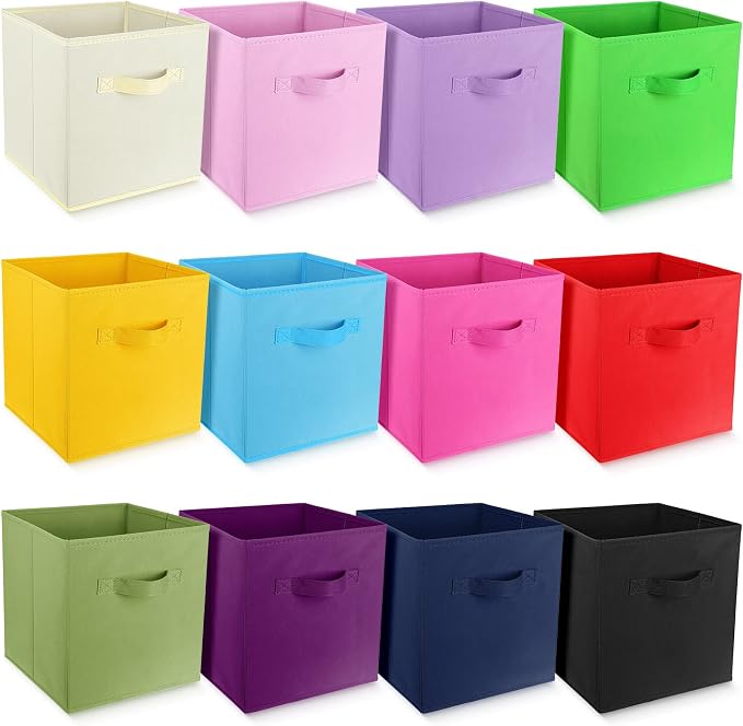 Gerrii 11 Inch Fabric Storage Cubes - 12 Pack Sturdy Collapsible Bins with Handle - Foldable Baskets for Organizing Clothes, Toys, Books -12 Colors Storage Baskets for Shelves, Room, Closets by Gerrii