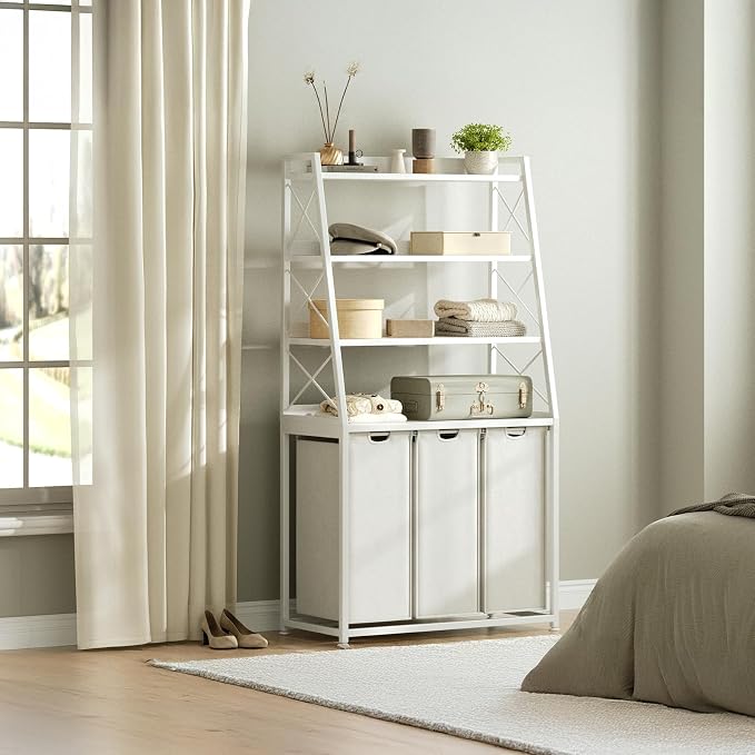 Herture 3 Section Laundry Hamper Laundry Basket with 4 Tiers Shelf | Laundry Sorter with Pull-Out Removable Large Bags, 4 x 15.87 Gallons, Metal Frame, for Laundry Room Bathroom, White PF05XLW - Image 5
