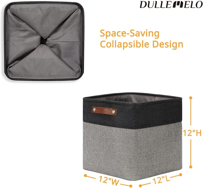 DULLEMELO Cube Collapsible Storage Bins, 12 inch Fabric Storage Cubes Bins Canvas Organization Baskets, Linen Closet Organizers Boxes for Home Organization and Storage (4 Pack - 12" Black&Grey) - Image 2