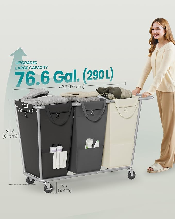SONGMICS Laundry Basket with Wheels, 3-Section Laundry Sorter, 76.6 Gallons (290 L) Rolling Hamper with Removable Bags, Heavy-Duty Steel Frame, Cream White, Dark Gray and Ink Black URLS010X01 - Image 6