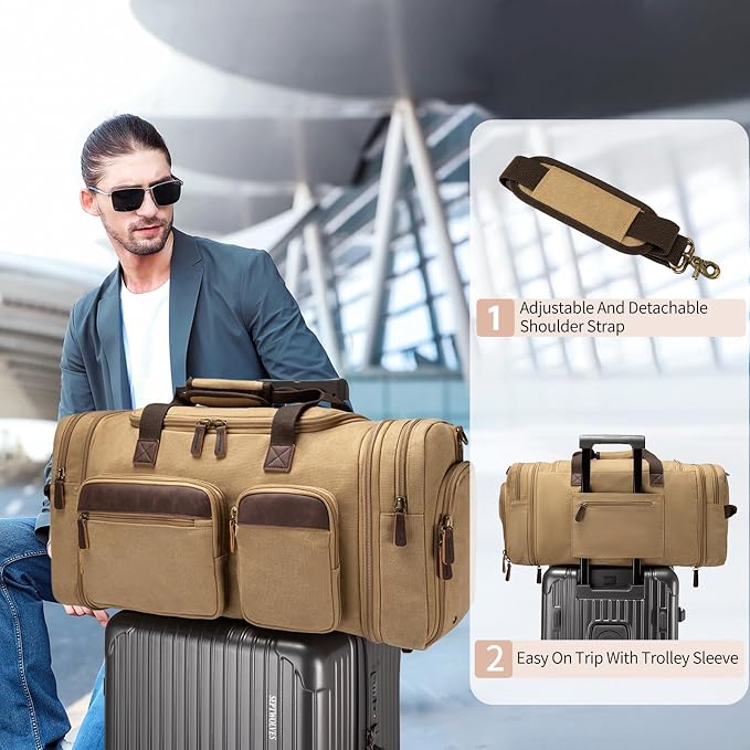 Mens Duffle Bag for Travel, 60L Canvas Expandable Overnight Weekender Bag | Shoe Compartment, Carry-On Size, Multiple Pockets, Detachable Strap, Toiletry Bag & Packing Cube Include, Khaki - Image 5