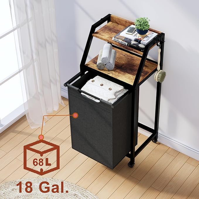 Laundry Hamper, Laundry Sorter, Rolling Laundry Basket with Wheels, 2 Shelves, 18 Gal(68L), Pull-Out and Removable Oxford Fabric Bags, for Laundry Room, Black and Rustic Brown - Image 2