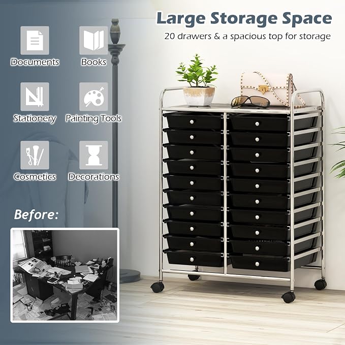 RELAX4LIFE 20 Drawer Rolling Storage Cart, Mobile Rolling Cart w/Drawers for School Classroom Teacher Office Home Salon, Paper File Art Supply Craft Organizer, Utility Cart on Wheels (Black) - Image 4