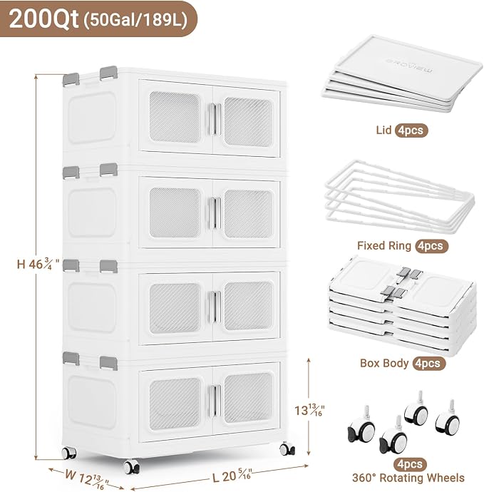 BROVIEW 200 Qt Extra Large Stackable Storage Bin with Lids, 4 Pack White | 50Gal Extra Large, Collapsible Storage Boxes with 4 Lids, Folding& Rolling Plastic Drawer, Heavy-Duty Cabinet Organization - Image 2