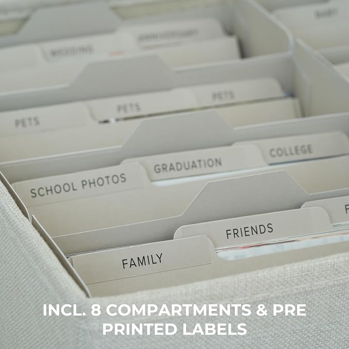Decorative Photo Storage Box - Sturdy Linen Organizer Holds 1700 Photos | Organizer with Dividers Stores Up to 1700 4x6 Pictures - Portable Scrapbook Storage Containers with Lid - Image 4