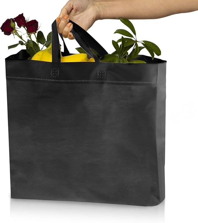 Simply Cool 200 Pack Reusable Grocery Bags, Medium Tote Bags Bulk, Black | 12.6"x6.3"x11.8" Heavy Duty Non-woven Custom Shopping Bags with Handles, Foldable, Washable for Retail and Commercial use - Image 2