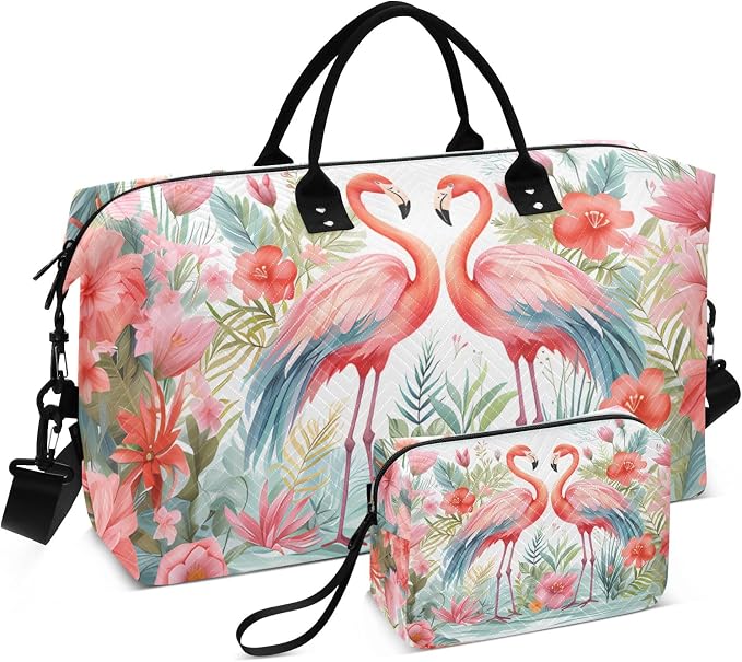 Large Travel Duffel Bag Sports Tote Gym Bag Overnight Weekender Bags Flamingo Floral Carry On Luggage with Toiletry Bags by ALAZA