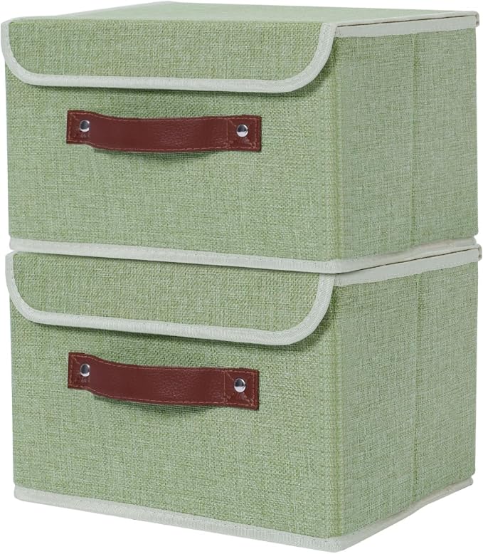 ANMINY Fabric Storage Box Bins with Lids, Green, 13"x9"x7.9", 2 Pack | Keepsake Memory Storage, Cotton Linen, PP Board Reinforced, Washable, PU Handles, Foldable & Stackable, Decorative, Medium by ANMINY