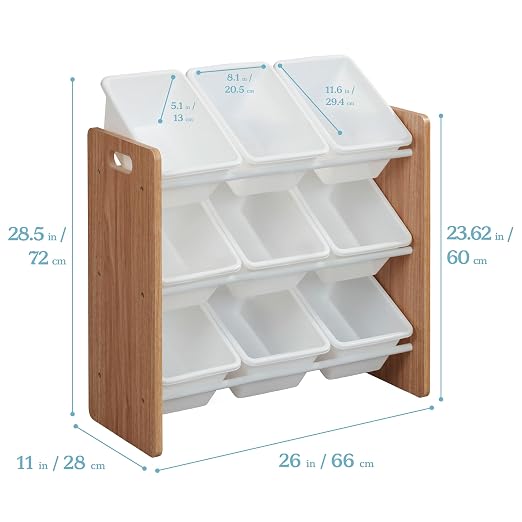 ECR4Kids 3-Tier Organizer with 9 Removable Plastic Bins, 3x3, Toy Storage, Dark Natural/White | Durable plastic bins, MDF panels, steel frame, GREENGUARD Gold Certified, 27 lb capacity, anti-tip kit, playroom/classroom - Image 3