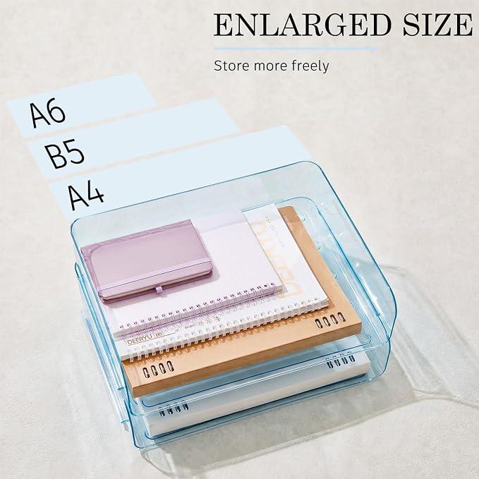 Harloon 4 Tier Clear Blue Acrylic Paper Organizer Letter Tray, Aesthetic Stackable Desk File Organizer Paper Holder Office Tray for A4, Modern Classroom Office Home File Pad Books Notes - Image 3