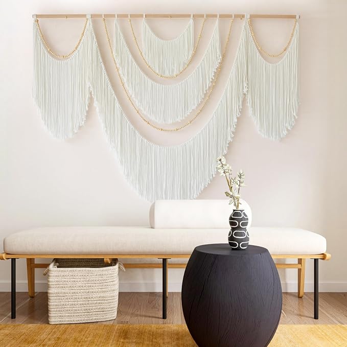 Macrame Wall Hanging Boho Yarn Art Tassel Beaded Handmade Decor 57"W*41"L | Fiber Wall Hanging, Large Wall Decor, Handmade Textile Art, Cotton Rope Craft, Beaded Tassel Accent, for Living Room Bedroom - Image 2