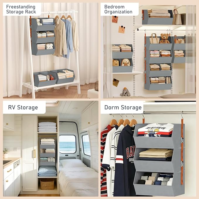 Hanging Closet Organizer Extra Large, Clothes Hanging Shelves for Closet with Divider, Collapsible Closet Storage System, Fabric Storage Bins for Home, Dorm, Rv, Sweaters, Handbags, Underwear, Sock - Image 7