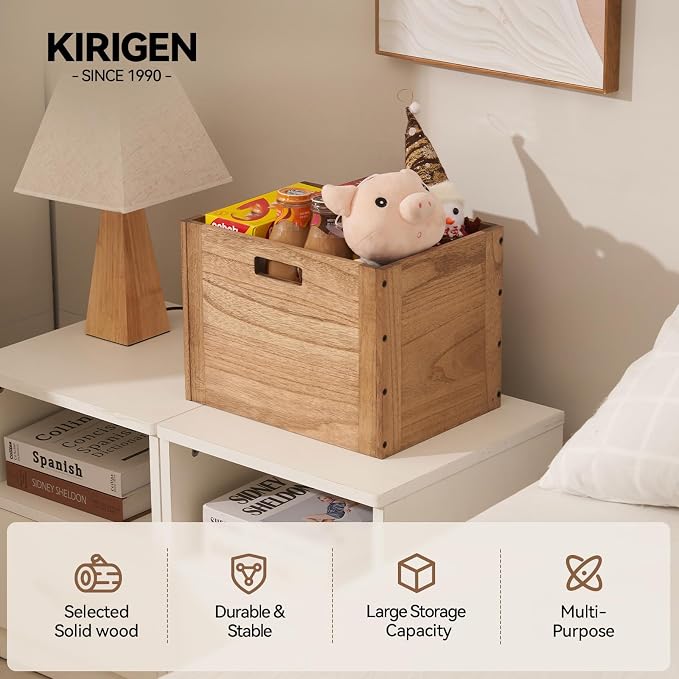 KIRIGEN Stackable Wood Storage Cube with Handles, Open Cubby Bin, Brown | Open-Front Wooden Crate Box for Books, Clothes, Shoes, Closet Storage, and Display for Home Office, Assembly Required - Image 2
