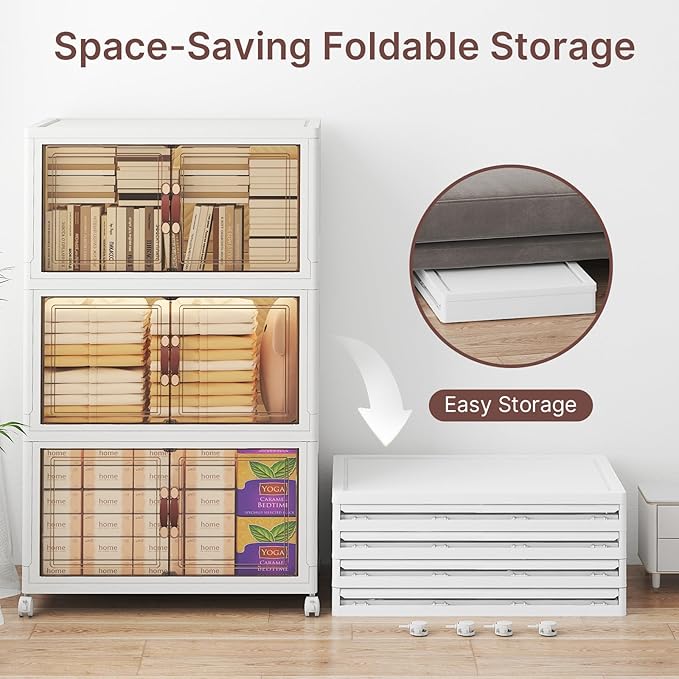 Stackable Storage Bins with Lids, 360QT Lockable Storage Cabinet | Folding Storage Box with Doors and Wheels, Collapsible Plastic Drawers for Home, Garage, Office - Image 4
