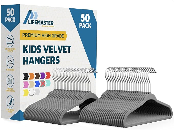 Gray Velvet Kids Hangers 50 Pack, 10.83" Non-Slip Baby & Toddler Hangers for Clothes, Space-Saving Slim ABS Plastic with 360° Swivel Hook & Notched Shoulders, Up to 10 lb Capacity by LIFEMASTER