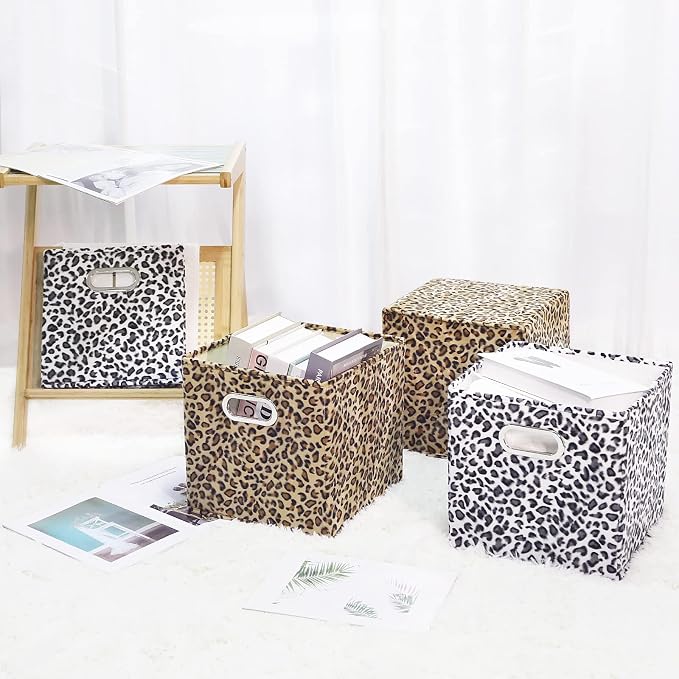 ANMINY Leopard Cheetah Print Storage Cubes Bins, Velvet, Brown, 13Inch 4PCS | Collapsible & Washable, PP Board Frame, Built-in Metal Handles, Animal Themed Fabric Cubes Baskets for Closet Shelves Decor - Image 9