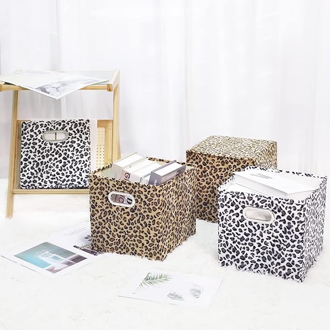 ANMINY Leopard Cheetah Print Storage Cubes Bins, Velvet, Gray, 11Inch 4PCS | Collapsible & Washable, PP Board Frame, Built-in Metal Handles, Animal Themed Fabric Cubes Baskets for Closet Shelves Decor - Image 7