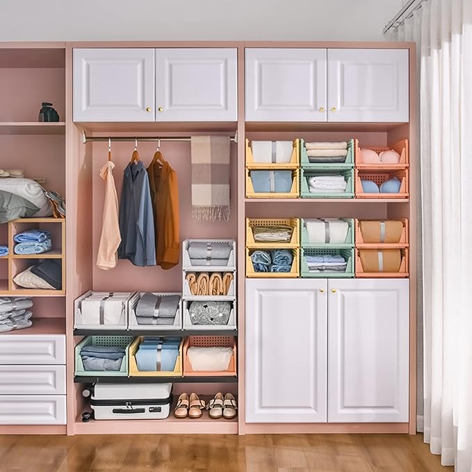 4 Pack Folding Closet Organizers Storage Box, Stackable Storage Bins, Plastic Drawer Basket Closet Storage for Wardrobe Cupboard Kitchen Bathroom Office White-4L | White Stackable Plastic Drawer Bins for Closets, Wardrobes, Kitchens, Bathrooms, Offices - Image 2